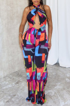 Multicolor Sexy Casual Street Daily Vacation Colorblock Print Contrast Halter Regular Jumpsuits