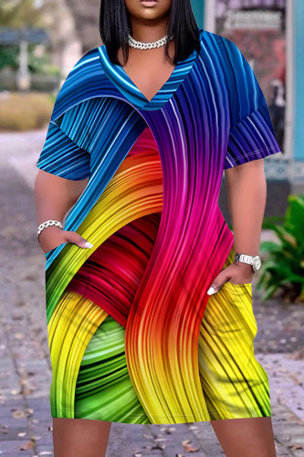 Colorful Blue Casual Street Rainbow Stripe Print Pocket Contrast V Neck Printed Plus Size Dresses