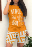 Rose Red Casual Daily Geometric Print Letter Print Contrast O Neck Short Sleeve Two Pieces