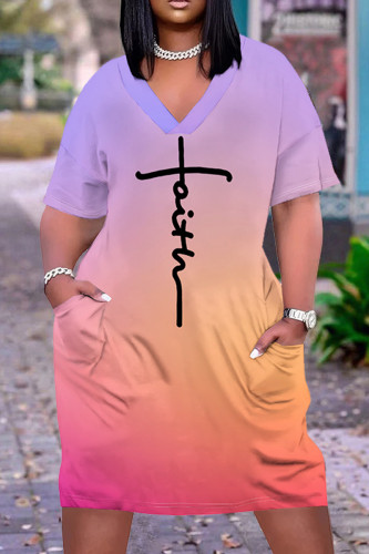 Light Purple Casual Gradient Print Letter Print Pocket Contrast V Neck Printed Plus Size Dresses