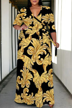 Gold Casual Daily Floral Print Chain print Lace Up V Neck Printed Plus Size Dresses