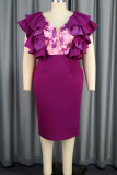 Purple Celebrities Solid Color Patchwork Slit Zipper Ruffled Trim V Neck Wrapped Skirt Dresses
