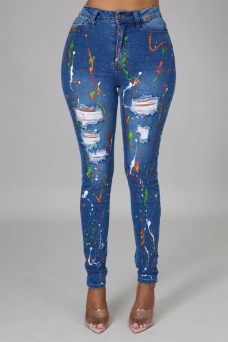 Dark Blue Street Print Pocket Buttons Patchwork Zipper High Waist Skinny Denim Jeans