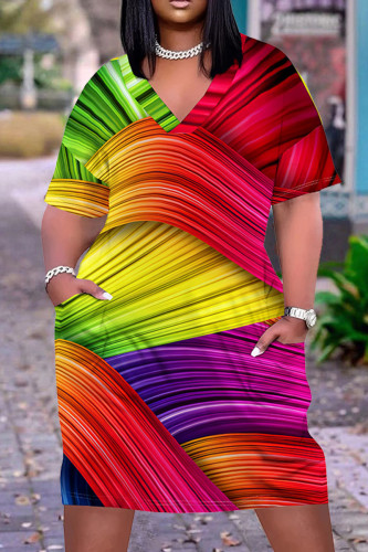 Colour Casual Street Rainbow Stripe Print Pocket Contrast V Neck Printed Plus Size Dresses