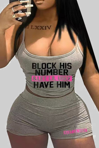 Grey Sexy Letters Patchwork Backless Spaghetti Strap Sleeveless Two Pieces