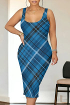 Blue Sexy Plaid Print Contrast U Neck Printed Dresses