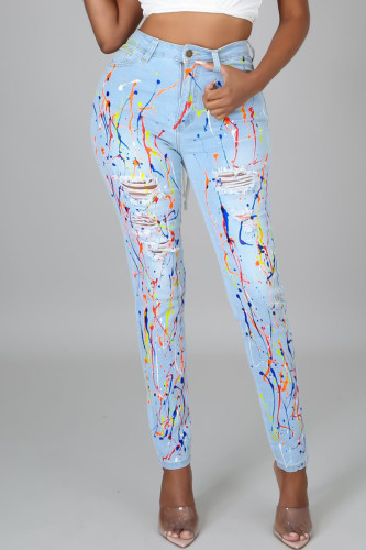 Baby Blue Street Print Pocket Buttons Patchwork Zipper High Waist Skinny Denim Jeans