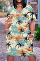 Blue Casual Vacation Tropical Print Pocket V Neck Printed Plus Size Dresses