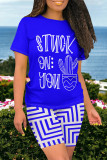 Rose Red Casual Daily Geometric Print Letter Print Contrast O Neck Short Sleeve Two Pieces