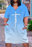 Light Blue Casual Gradient Print Letter Print Pocket Contrast V Neck Printed Plus Size Dresses