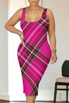 Rose Red Sexy Plaid Print Contrast U Neck Printed Dresses