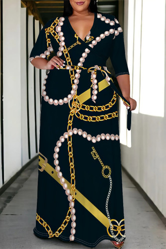 Black Casual Daily Floral Print Chain print Lace Up V Neck Printed Plus Size Dresses