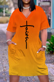 Light Blue Casual Gradient Print Letter Print Pocket Contrast V Neck Printed Plus Size Dresses