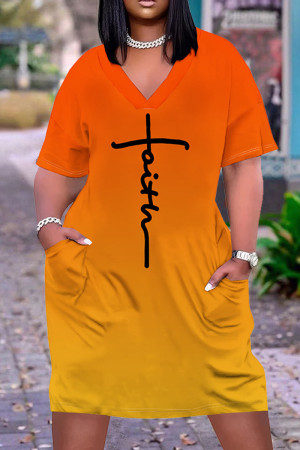 Orange Yellow Casual Gradient Print Letter Print Pocket Contrast V Neck Printed Plus Size Dresses