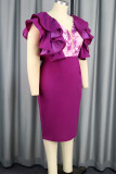 Purple Celebrities Solid Color Patchwork Slit Zipper Ruffled Trim V Neck Wrapped Skirt Dresses