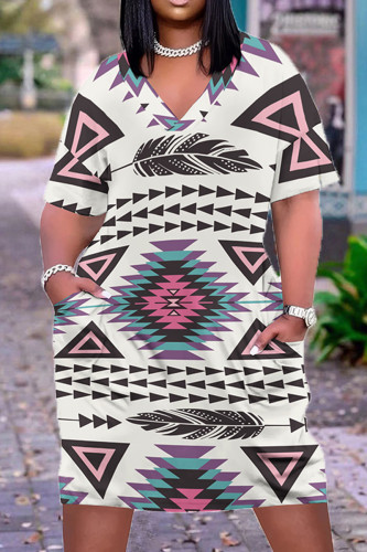 White Casual Print Pocket Patchwork V Neck Straight Plus Size Dresses