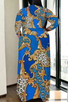 Blue Casual Daily Floral Print Chain print Lace Up V Neck Printed Plus Size Dresses