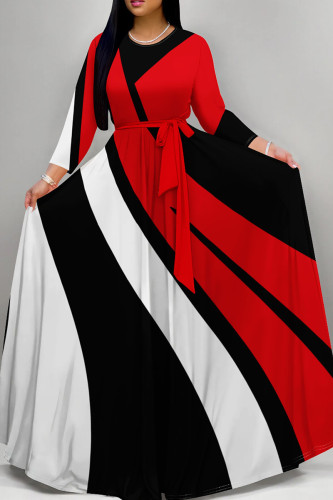Black Red Casual Stripe Patchwork Strap Design O Neck A Line Dresses