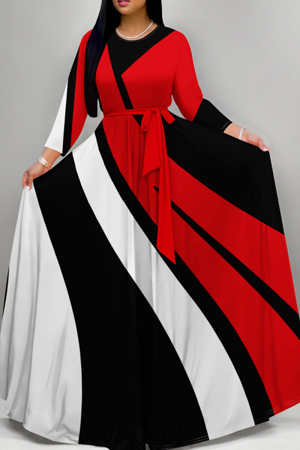 Black Red Casual Stripe Patchwork Strap Design O Neck A Line Dresses