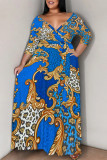 Blue Casual Daily Floral Print Chain print Lace Up V Neck Printed Plus Size Dresses