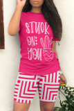 Rose Red Casual Daily Geometric Print Letter Print Contrast O Neck Short Sleeve Two Pieces