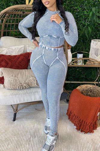 Light Blue Casual Solid Color Patchwork O Neck Long Sleeve Two Pieces