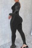 Green Casual Solid Color Pocket Patchwork Slit Zipper O Neck Skinny Jumpsuits