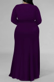 Blue Sexy Daily Solid Color Lace Up Slit V Neck Long Sleeve Plus Size Dresses