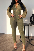 Green Casual Solid Color Patchwork V Neck Skinny Jumpsuits
