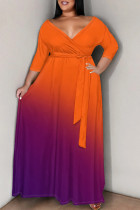 Orange Purple Casual Gradient Color Patchwork Strap Design V Neck Long Plus Size Dresses