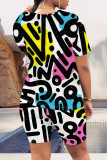 Colour Casual Street Graffiti Print Contrast O Neck Short Sleeve Two Pieces