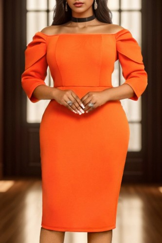 Orange Casual Solid Basic Off the Shoulder Wrapped Skirt Dresses