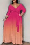 Black Red Casual Gradient Color Patchwork Strap Design V Neck Long Plus Size Dresses