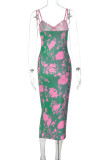 Green Celebrities Print Patchwork Backless Spaghetti Strap Sling Dresses