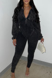 Black Casual Solid Color Patchwork V Neck Skinny Jumpsuits