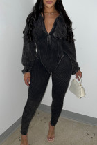 Black Casual Solid Color Patchwork V Neck Skinny Jumpsuits