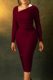Burgundy Celebrities Solid Color Patchwork Ruched Asymmetrical Collar Wrapped Skirt Dresses