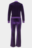 Purple Casual Solid Color Pocket Patchwork Zipper Zipper Collar Long Sleeve Two Pieces