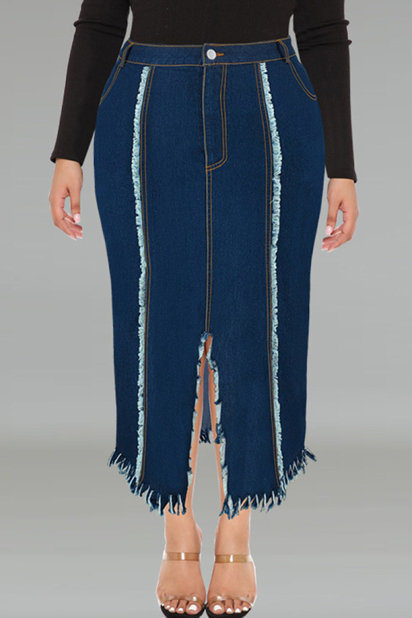 Deep Blue Street Solid Color Buttons Patchwork Slit Zipper Plus Size