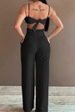 Black Sexy Solid Color Backless Belted Spaghetti Strap Bodycon Jumpsuits