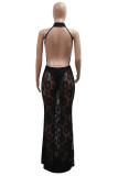 Green Sexy Solid Color See-Through Backless Halter Long Dresses