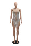 White Sexy Hot Club Patchwork Fringed Trim See-Through O Neck Wrapped Skirt Dresses