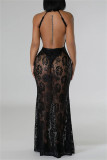 Green Sexy Solid Color See-Through Backless Halter Long Dresses