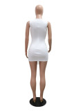 White Sexy Hot Club Patchwork Fringed Trim See-Through O Neck Wrapped Skirt Dresses