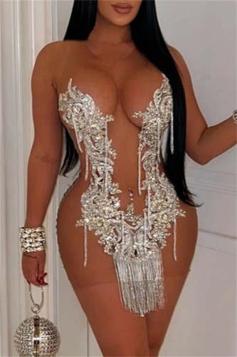 White Sexy Hot Club Patchwork Fringed Trim See-Through O Neck Wrapped Skirt Dresses