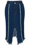 Deep Blue Street Solid Color Buttons Patchwork Slit Zipper Plus Size
