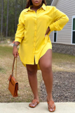 Yellow Casual Solid Color Slit Turndown Collar Shirt Plus Size Dresses