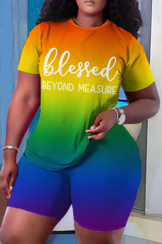 Orange Yellow Casual Letter Print Ombre Print Basic O Neck Short Sleeve Two Pieces