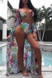 Green Sportswear Print Hollow Out Patchwork Strap Design 3 Piece Sets