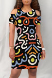 Colour Casual Geometric Print Graffiti Print Contrast O Neck Printed Dresses